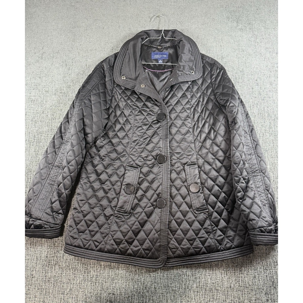 Jones New York Diamond Quilted Jacket Size Medium Black‎ Old Money Silky